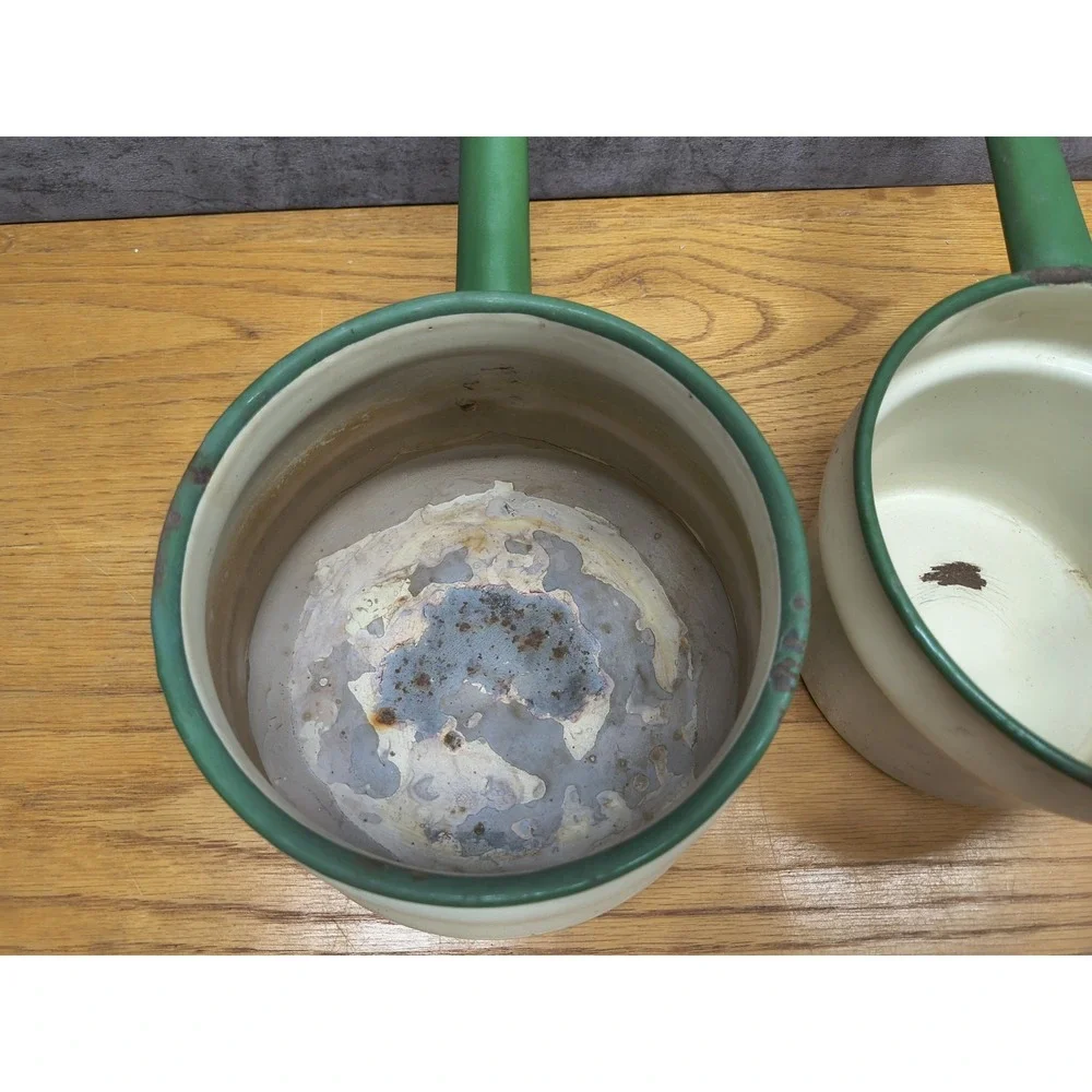Vintage Enamelware Double‎ Boiler Cream Green Trim Circa 1930's - 40's Lid 3 Pcs